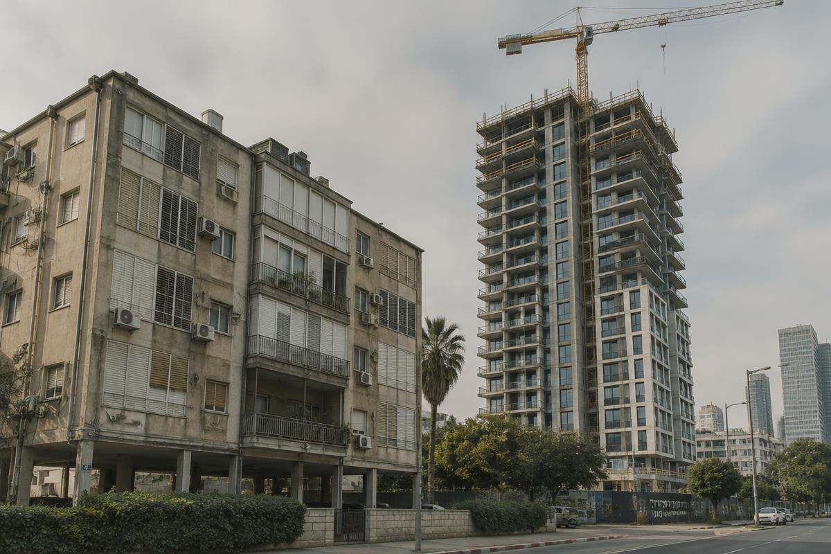 בניין מגורים ותיק לצד מגדל מגורים חדש בבנייה ועגורן, בעיר ישראלית